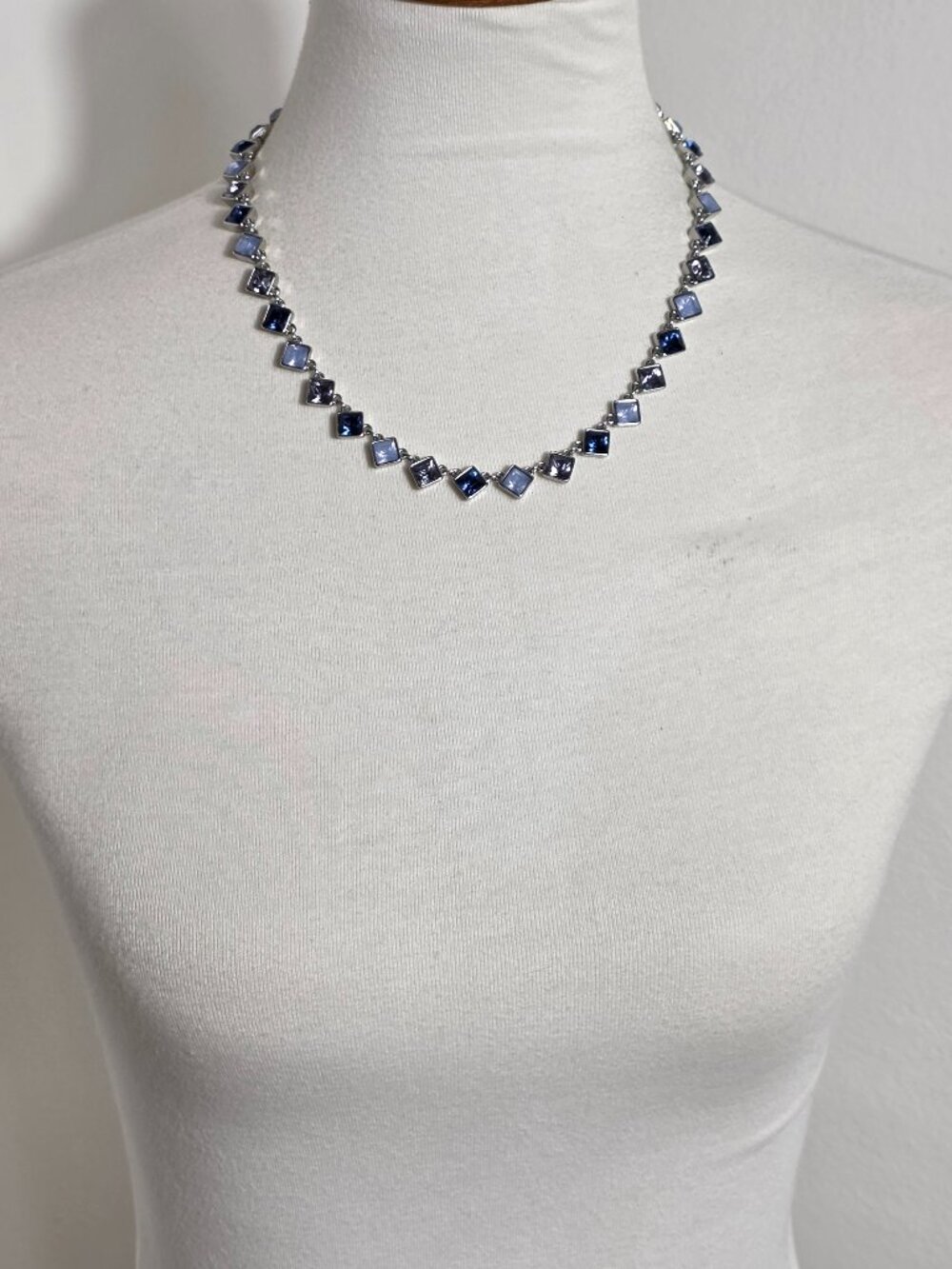 White House Black Market Silver Tone Reviere Necklace Blue Square Rhinestones